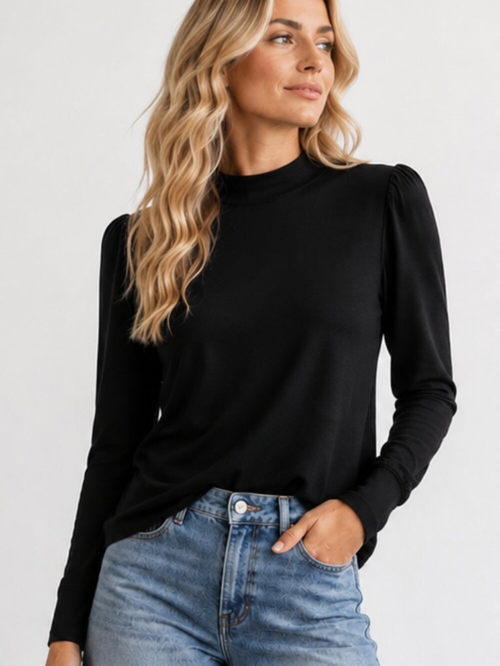 STUDIO PARK x Shawn Killinger QVC Black Rib Knit Puff Sleeve Mock Neck Top S